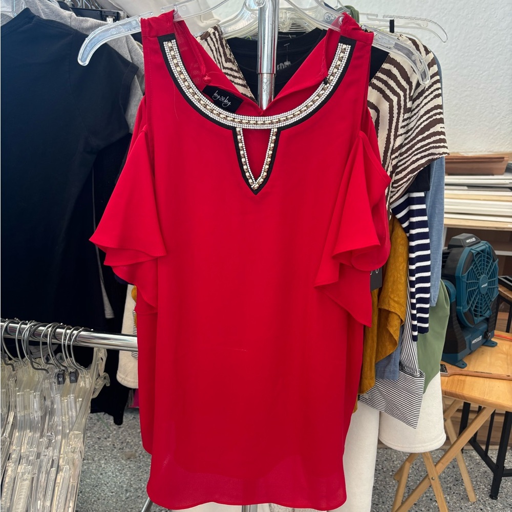 by & by Red Beaded Cold-Shoulder Camisole